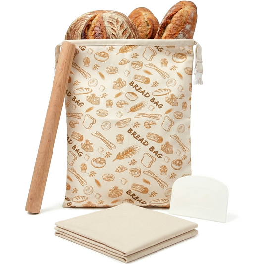 Beeswax Bread Bag Artisan Baking Set – Rolling Pin, Scraper & Linen Cloth