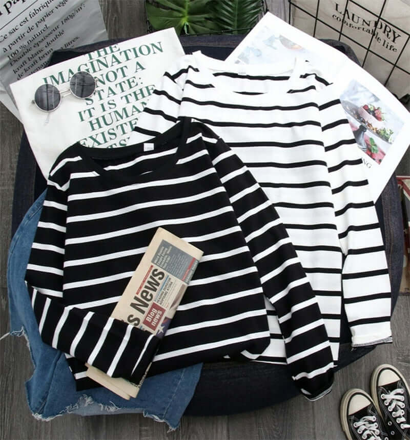 Black Striped Western Style Shirt Women's Long-sleeved T-shirt