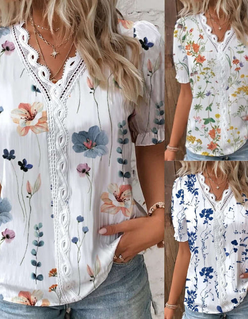Load image into Gallery viewer, Summer V-neck Lace Stitching Printing Shirt For Women
