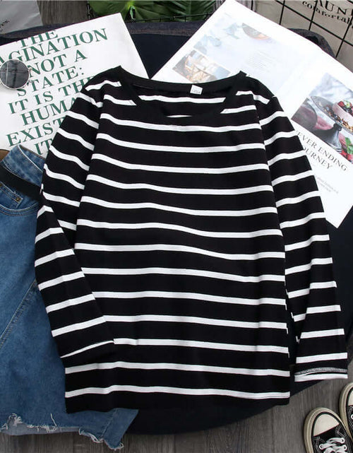 Load image into Gallery viewer, Black Striped Western Style Shirt Women&#39;s Long-sleeved T-shirt

