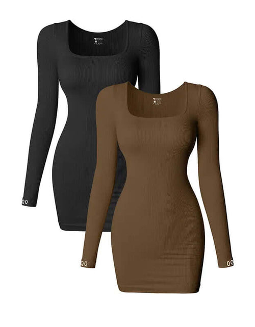 Load image into Gallery viewer, Oqqfitness Dresses for Women Ribbed Long Sleeve Square Neck Sexy Dress
