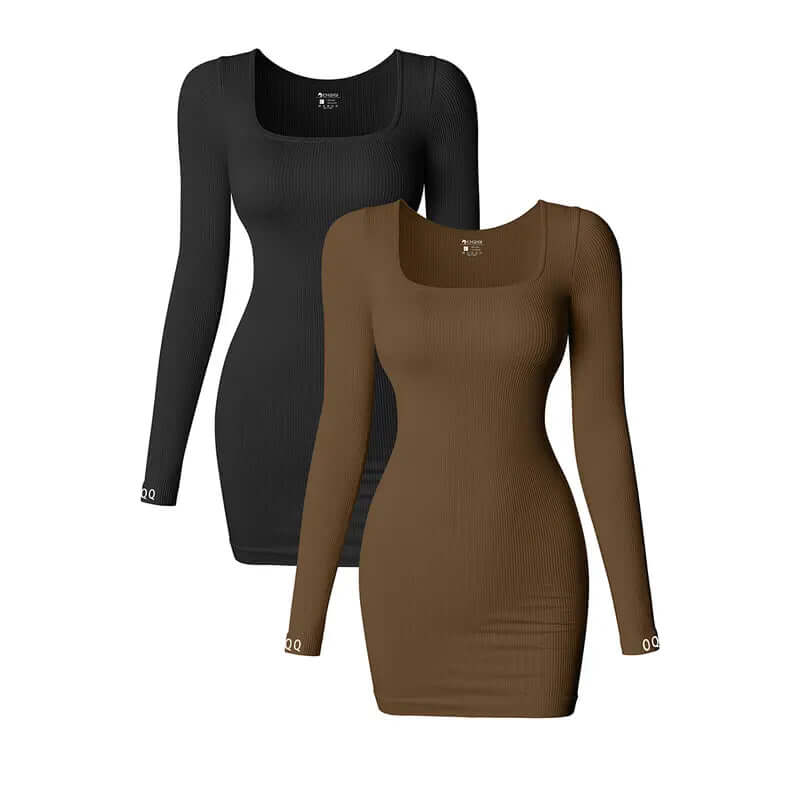 Oqqfitness Dresses for Women Ribbed Long Sleeve Square Neck Sexy Dress
