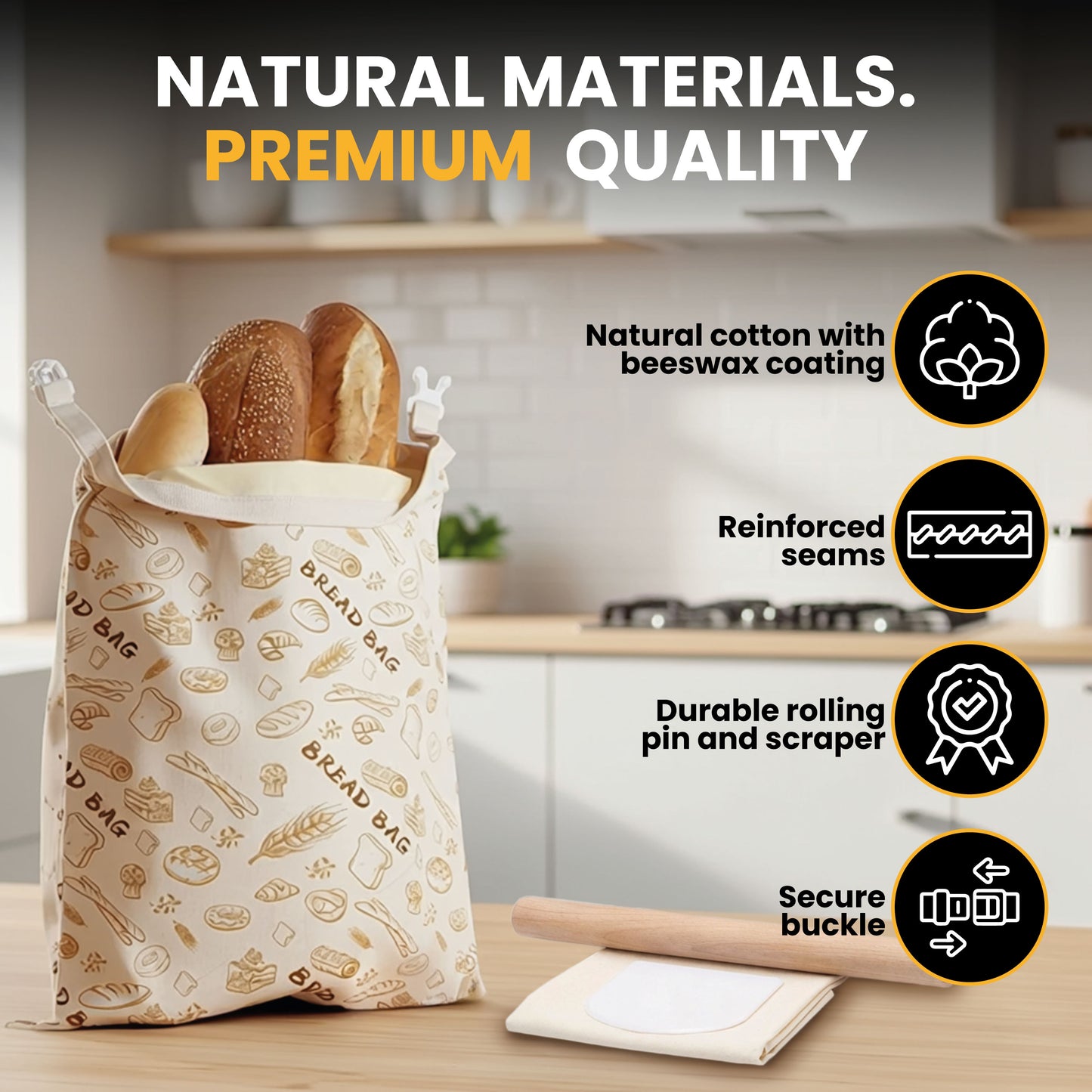 Beeswax Bread Bag Artisan Baking Set – Rolling Pin, Scraper & Linen Cloth
