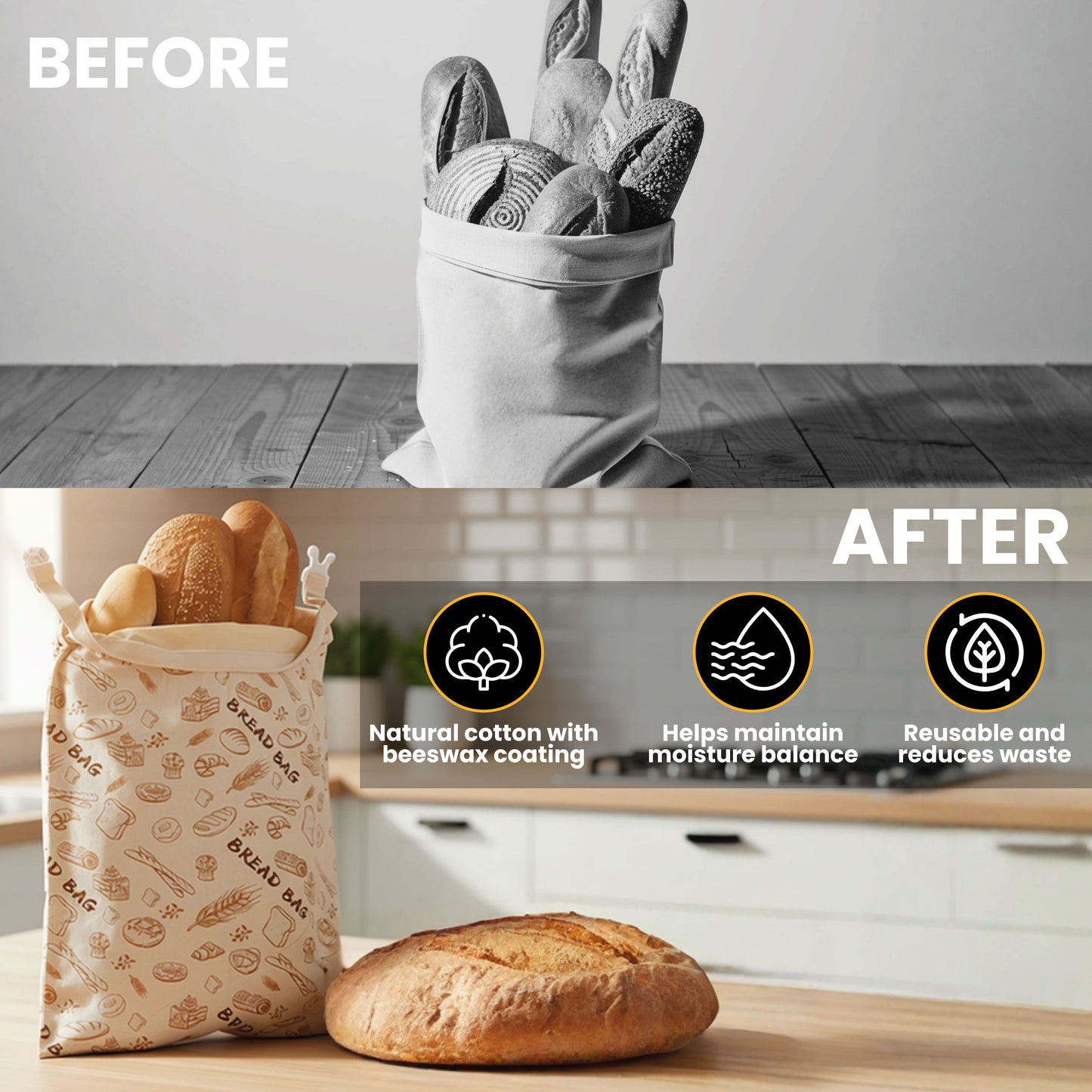 Beeswax Bread Bag Artisan Baking Set – Rolling Pin, Scraper & Linen Cloth