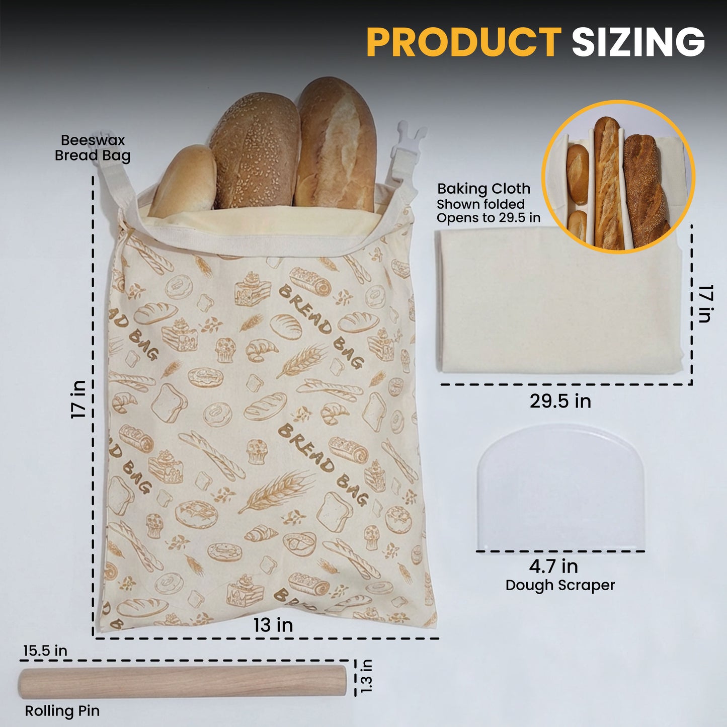 Beeswax Bread Bag Artisan Baking Set – Rolling Pin, Scraper & Linen Cloth