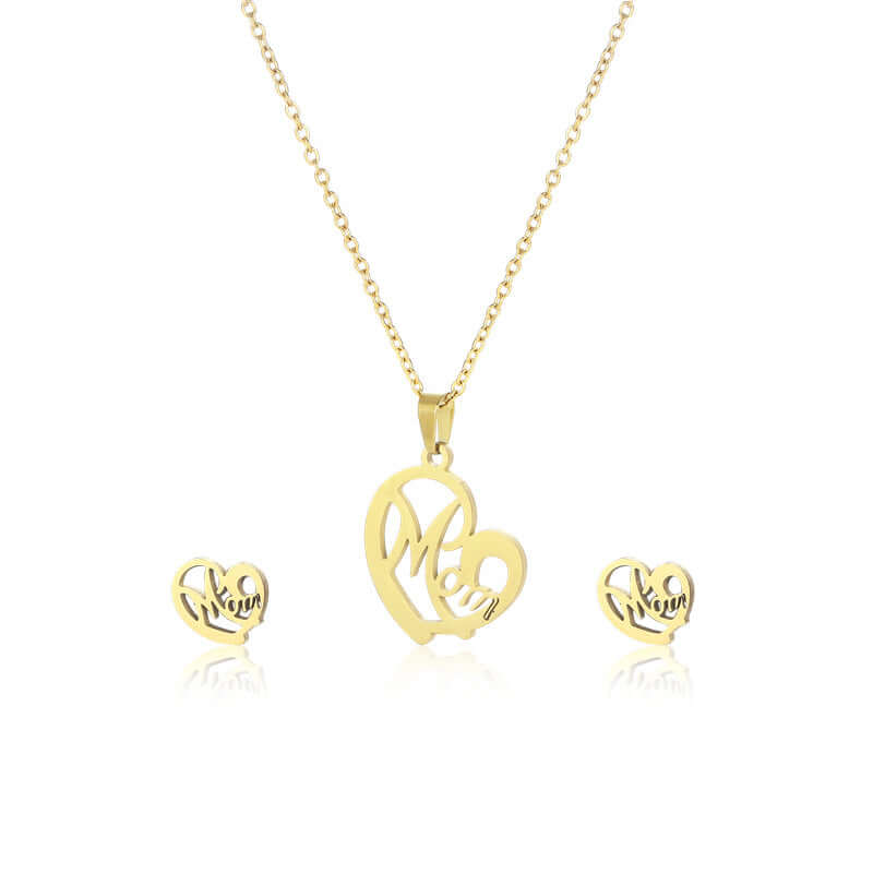 Fashion Jewelry Stainless Steel Heart-shaped Mom Necklace And Earring Suit