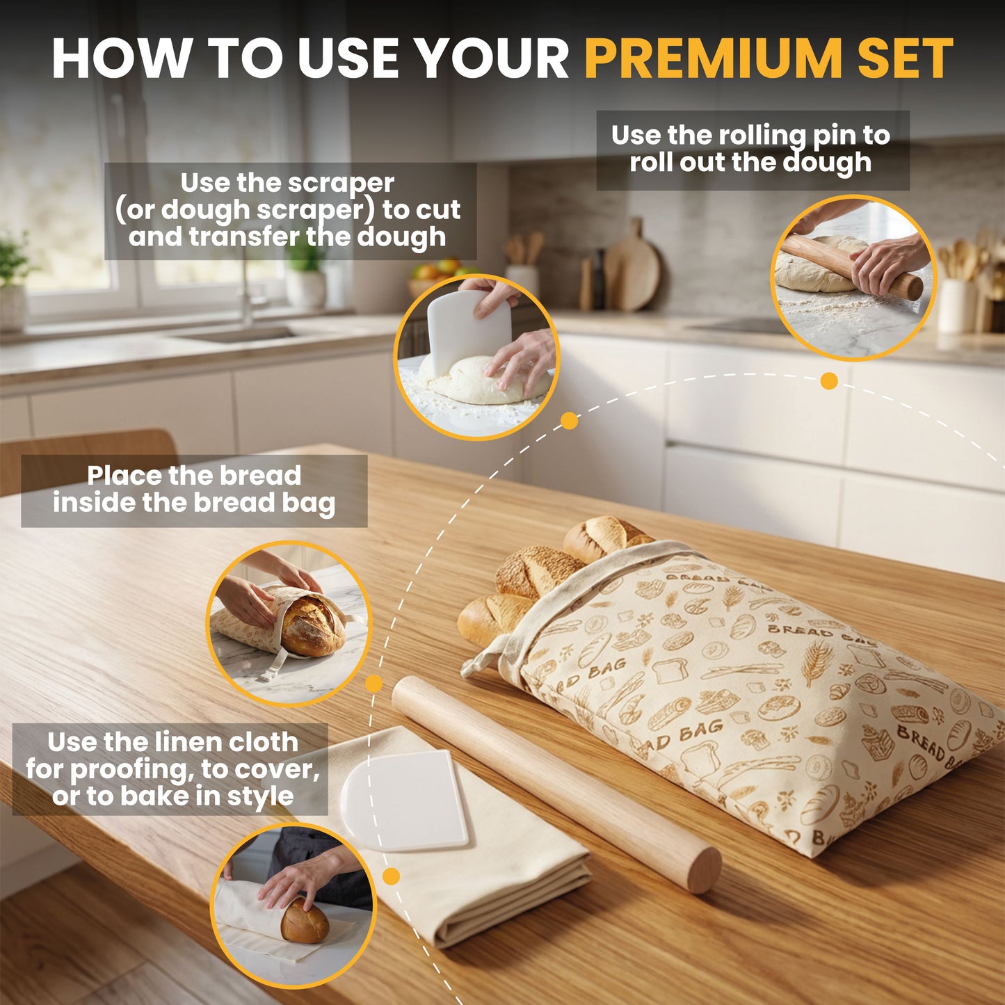 Beeswax Bread Bag Artisan Baking Set – Rolling Pin, Scraper & Linen Cloth