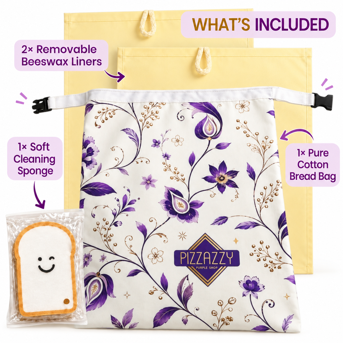 Pizzazzy Beeswax Bread Bag with 2 Removable Liners for Sourdough Bread