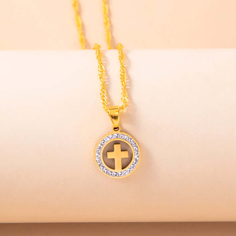 Gold Hollow Round Cross Necklace Silver Stainless Steel Crystal Circle Pendant Necklaces