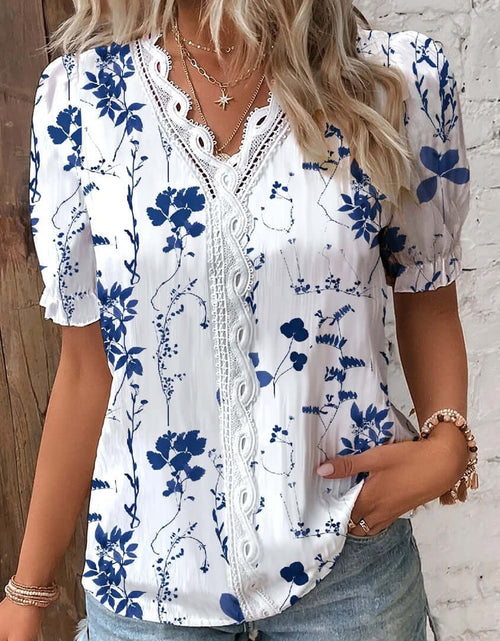 Load image into Gallery viewer, Summer V-neck Lace Stitching Printing Shirt For Women
