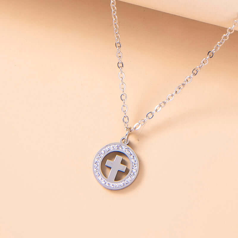Gold Hollow Round Cross Necklace Silver Stainless Steel Crystal Circle Pendant Necklaces