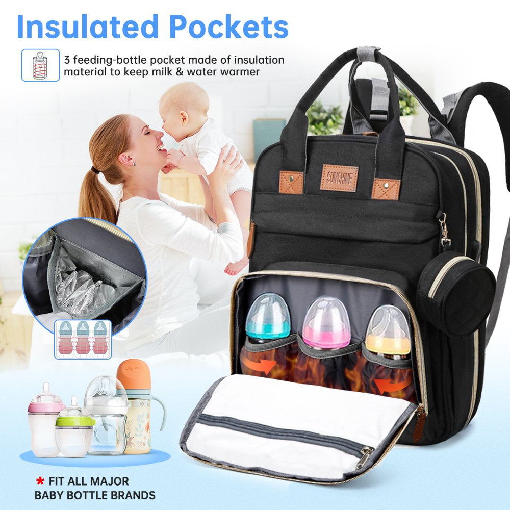 Diaper Bag Backpack, Large Capacity Diaper Backpack with Foldable Crib, Travel Waterproof Baby Changing Bag Multifunctional with USB Charging Port & Stroller Strap for Baby Boy & Girls(Gray)