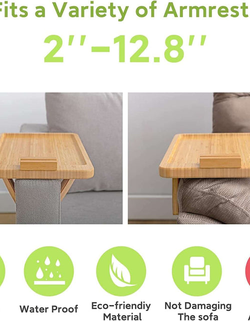 Load image into Gallery viewer, Bamboo Sofa Tray Table Clip on Side Table for Wide Couches Arm, Foldable Couch Tray with 360° Rotating Phone Holder, Armrest Table for Eating/Drinks/Snacks/Remote/Control
