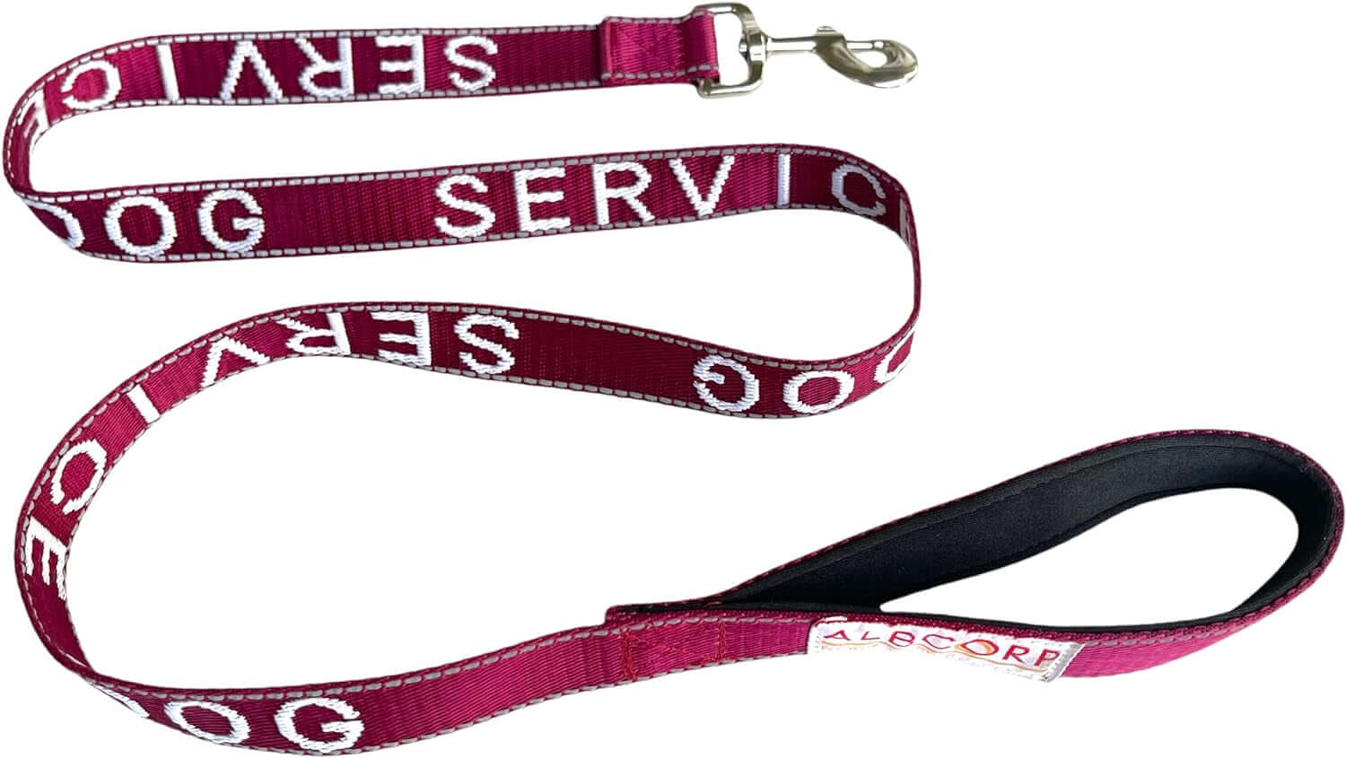 Service Dog Leash - Embroidered- with Padded Neoprene Handle and Reflective Threads, 4 Feet, for Harnesses, Vests or Collars, Maroon