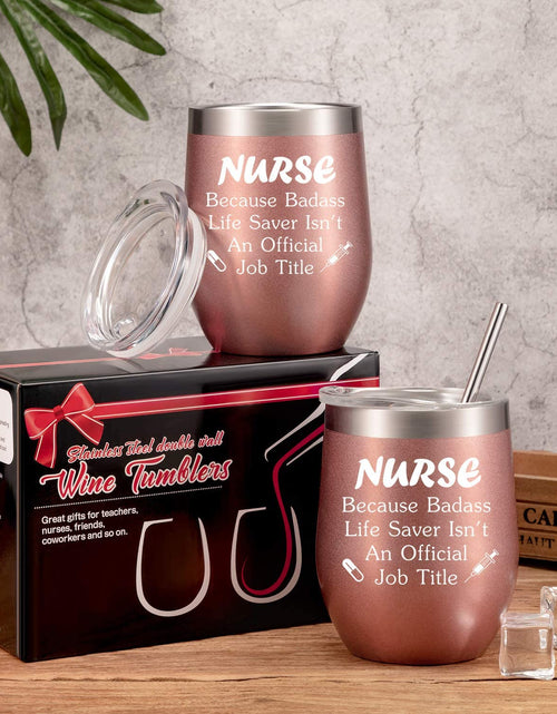 Load image into Gallery viewer, 2 Pieces Nurse Gifts for Women 12 Oz Wine Tumbler Christmas Appreciation Nursing Graduation Funny Present with Straw and Brush for Nurse Practitioner, Nurse Student (Rose Gold)
