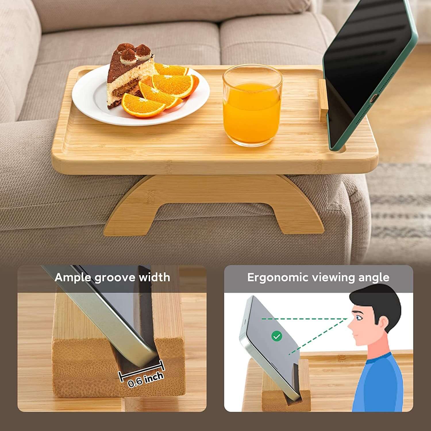Bamboo Sofa Tray Table Clip on Side Table for Wide Couches Arm, Foldable Couch Tray with 360° Rotating Phone Holder, Armrest Table for Eating/Drinks/Snacks/Remote/Control