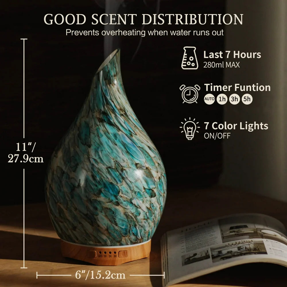 280Ml Light Blue Glass Essential Oil Diffuser,Aromatherapy Ultrasonic Cool Mist Humidifier,Air Diffusers for Sleeping, Yoga, Office Working