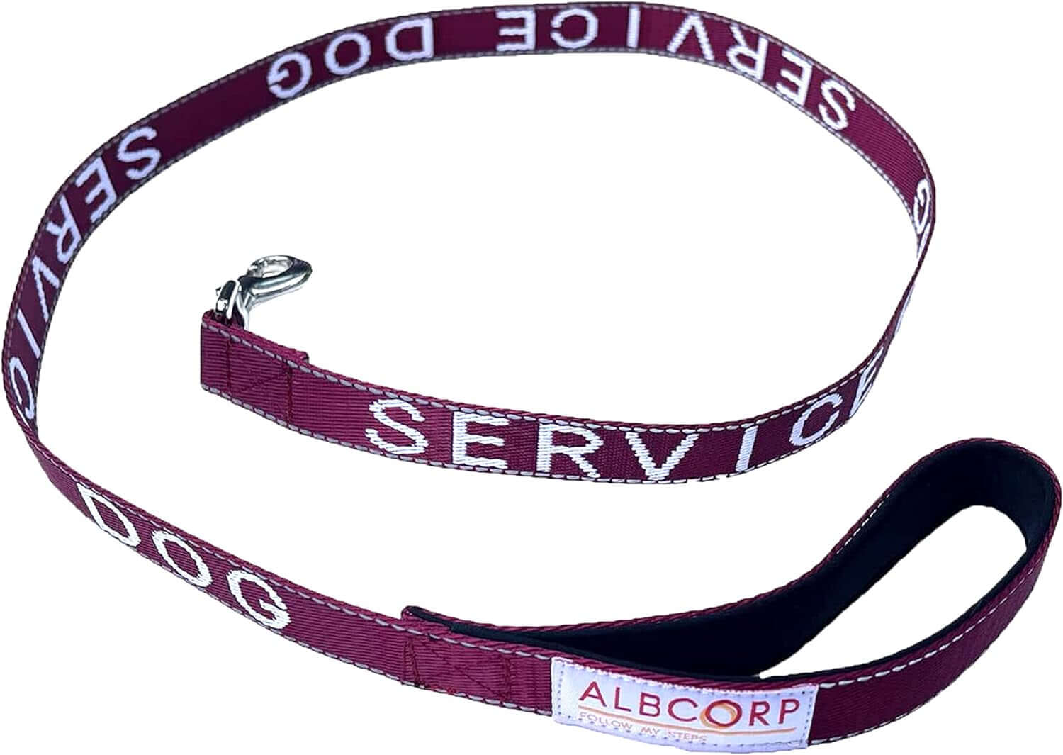 Service Dog Leash - Embroidered- with Padded Neoprene Handle and Reflective Threads, 4 Feet, for Harnesses, Vests or Collars, Maroon